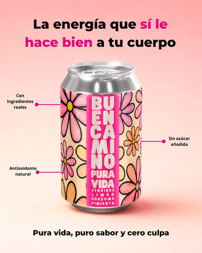 Pura Vida: Jengibre, Limón, Cúrcuma, Pimienta. Sin Azúcar| 6 Pack Latas 355cc