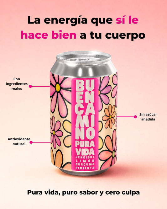 Pura Vida: Jengibre, Limón, Cúrcuma, Pimienta. Sin Azúcar| 6 Pack Latas 355cc