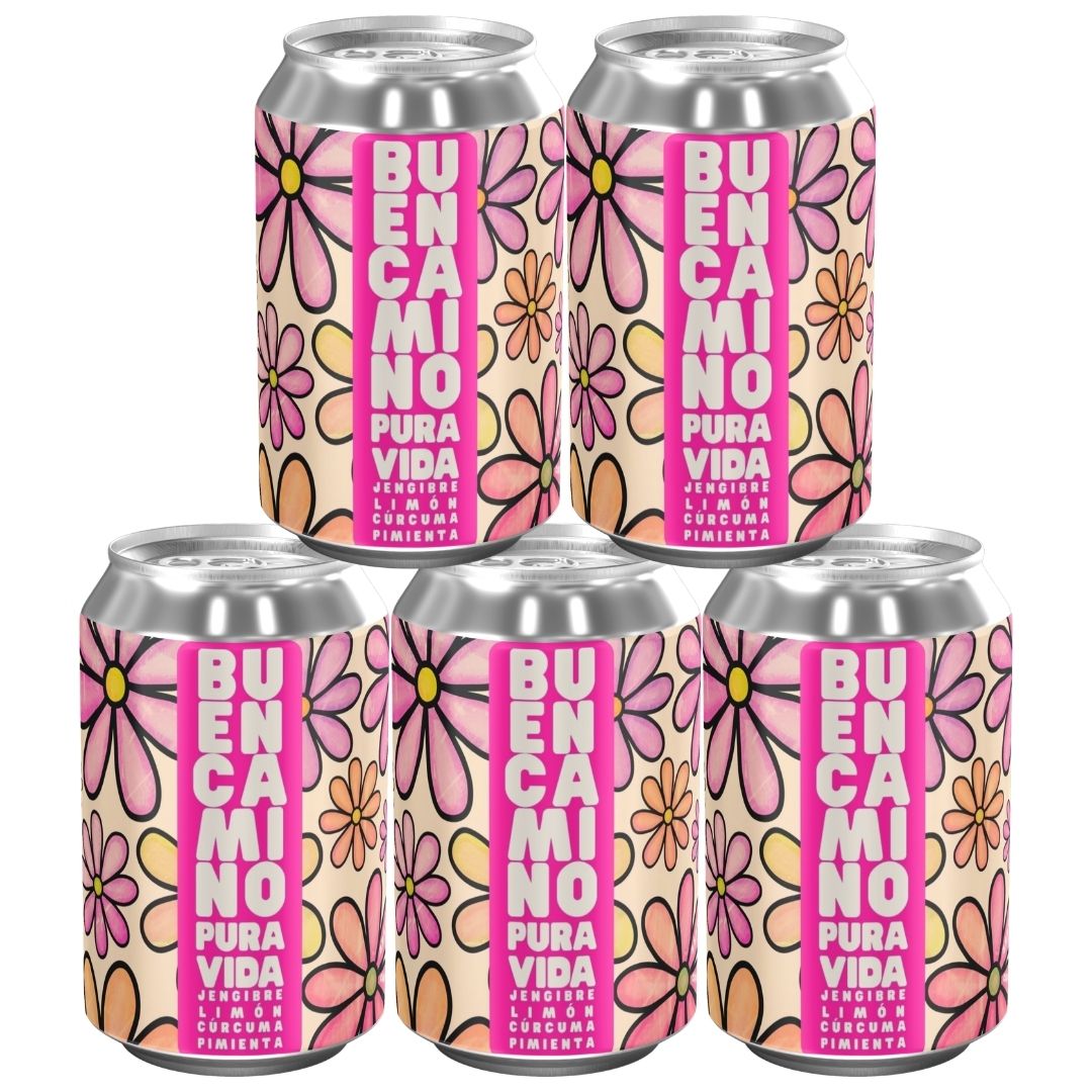 Pura Vida: Jengibre, Limón, Cúrcuma, Pimienta. Sin Azúcar| 6 Pack Latas 355cc