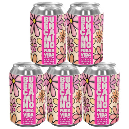 Pura Vida: Jengibre, Limón, Cúrcuma, Pimienta. Sin Azúcar| 6 Pack Latas 355cc